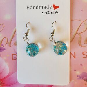 Silver Plated Real Dried Turquoise Flower Resin Earrings - Round
